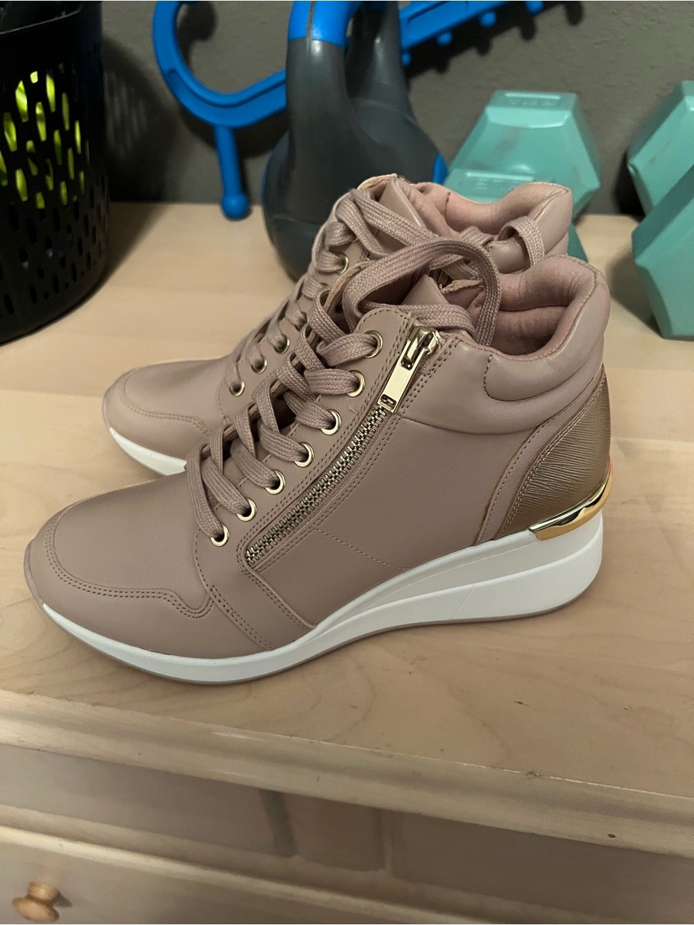 Aldo Blush Pink Wedge Sneaker Booties with Gold Accents